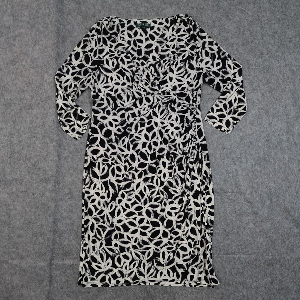 Ralph Lauren Dress Womens 14 Sheath VNeck Floral Black White 3/4 Sleeve